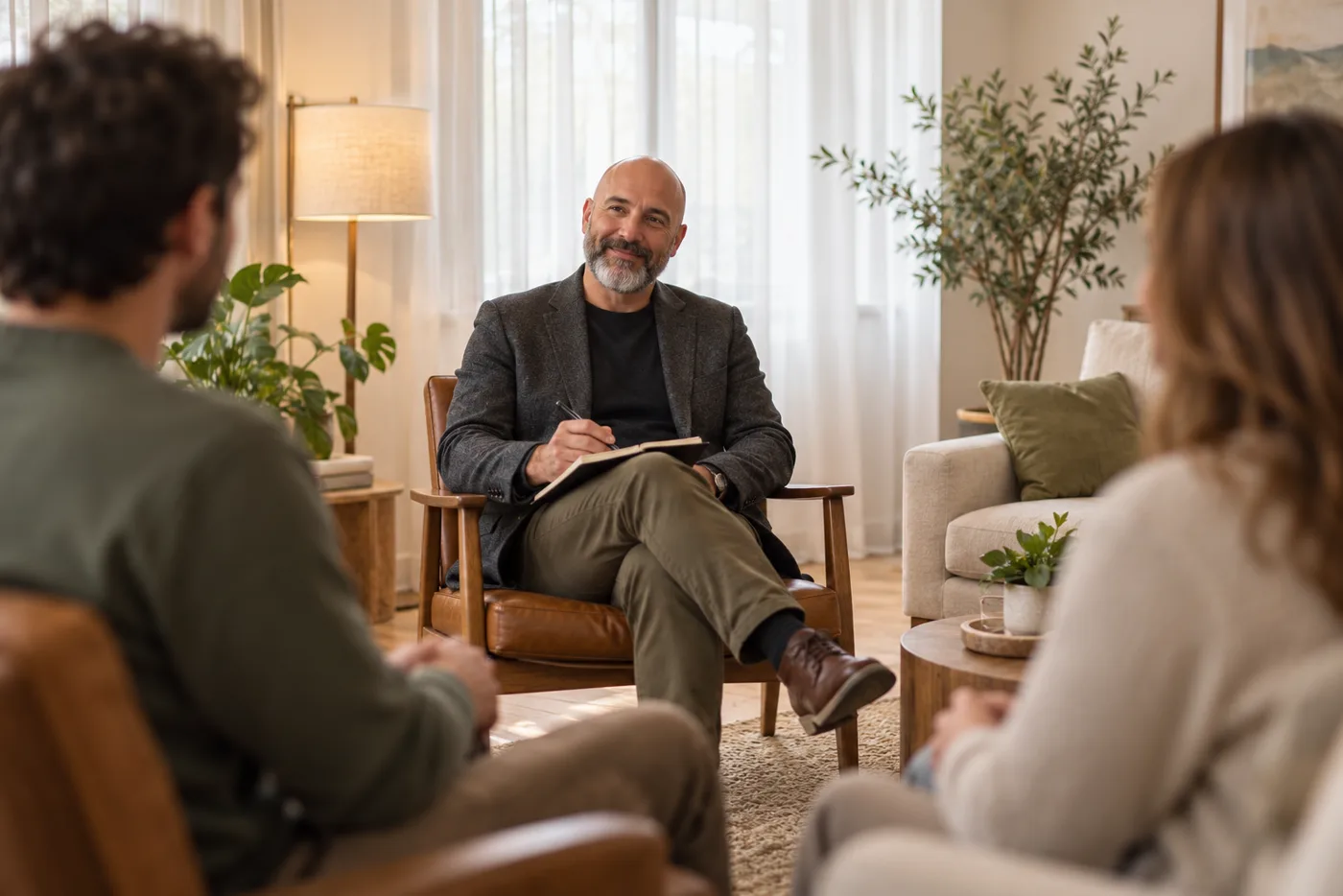 Psicólogo sorrindo durante uma conversa em grupo