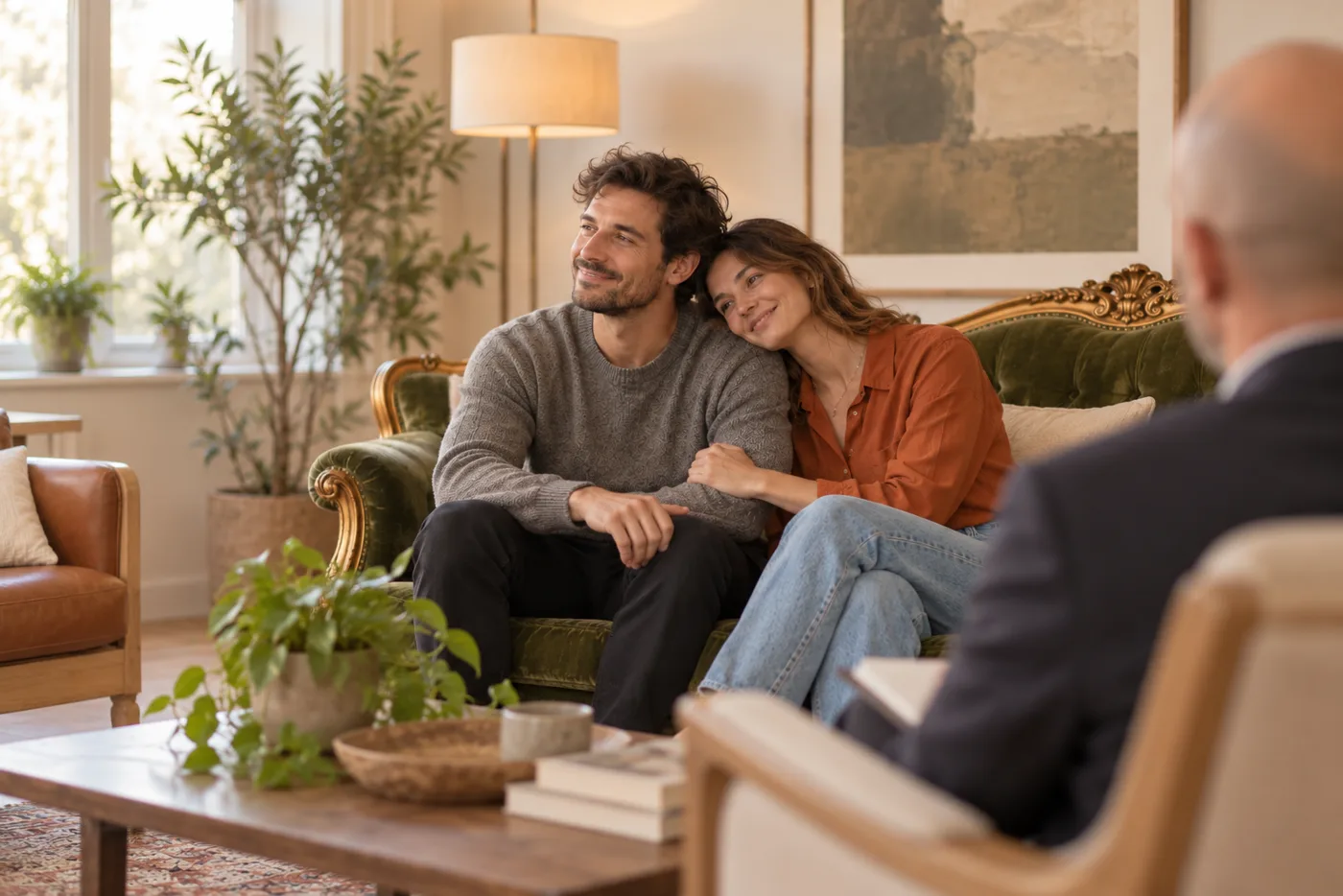 Casal sorrindo no sofá durante a sessão